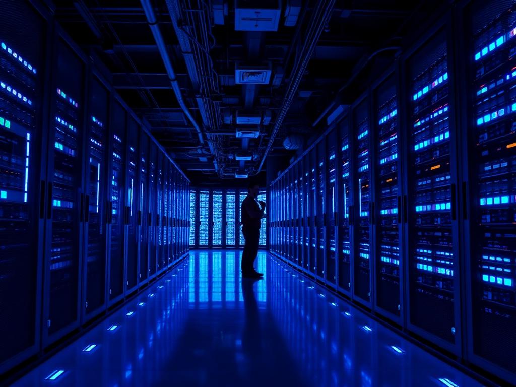 Corredor de data center com racks de servidores iluminados